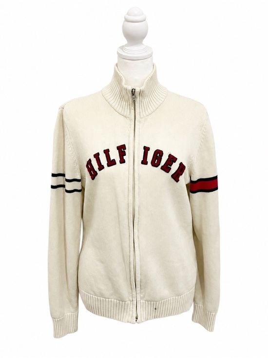 Tommy Hilfiger Sweaters - #y2k Tommy Hilfiger Ivory Zip-Up Jacket with Red and Black Details